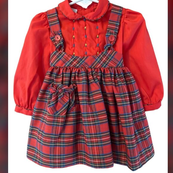 VTG Polly Flinders MINT Hand Smocked Christmas Plaid Embroidered Bow Dress sz 2 - Picture 1 of 7